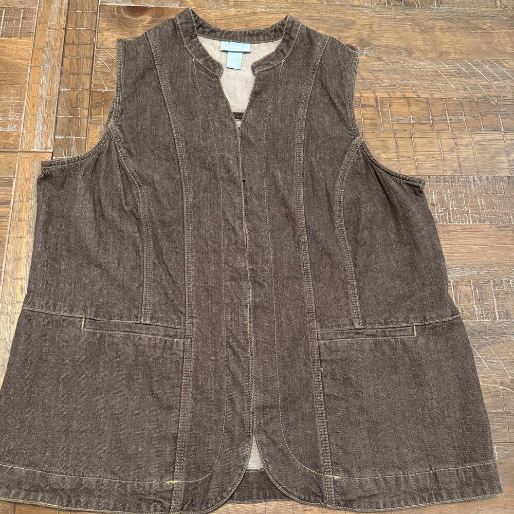 Liz & Me Women's Plus Size 0X 16W Brown Stretch Denim Vest Hook & Eye Casual